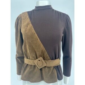 Vintage Brown Suede Wool Belted Peplum‎ Top Blouse Womens S 70s 80s belt AS IS
